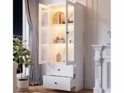 Merax Vitrina|Vitrina con 2 puertas y 2 cajones - 60 x 36 x 165 cm - LEDs - Estantes regulables - Tablero de partículas + MDF -
