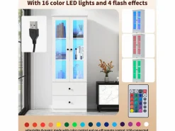 Merax Vitrina|Vitrina con 2 puertas y 2 cajones - 60 x 36 x 165 cm - LEDs - Estantes regulables - Tablero de partículas + MDF -