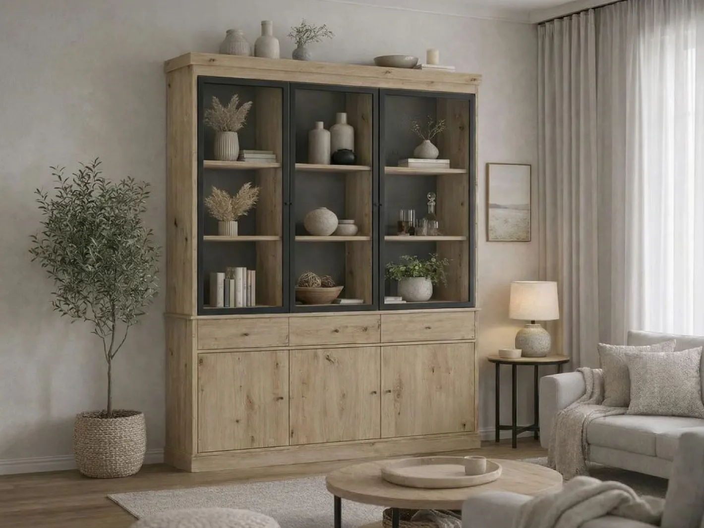 Vitrina con almacenamiento y LEDs - Natural y negro - MARSORIA^Vente-unique Sale