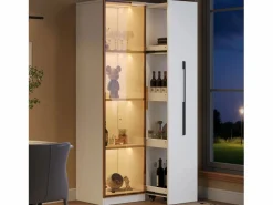 ModernLuxe Vitrina con LED 70x40x160 cm - 1 puerta de vidrio y 1 cajón lateral deslizante - Ruedas - MDF + vidrio - Blanco New