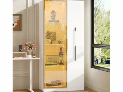 ModernLuxe Vitrina con LED 70x40x160 cm - 1 puerta de vidrio y 1 cajón lateral deslizante - Ruedas - MDF + vidrio - Blanco New