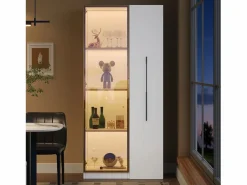 ModernLuxe Vitrina con LED 70x40x160 cm - 1 puerta de vidrio y 1 cajón lateral deslizante - Ruedas - MDF + vidrio - Blanco New