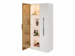ModernLuxe Vitrina con LED 70x40x160 cm - 1 puerta de vidrio y 1 cajón lateral deslizante - Ruedas - MDF + vidrio - Blanco New