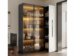 Merax Vitrina|Vitrina con puerta de cristal - 110,5 x 35 x 160 cm - con LED y cajón lateral - MDF - negro y
