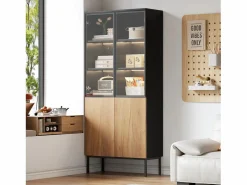Vitrina con puertas de cristal, 180 cm, con LED, estantes regulables, MDF, y roble (74x31x180 cm) Negro Online