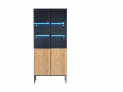 Vitrina con puertas de cristal, 180 cm, con LED, estantes regulables, MDF, y roble (74x31x180 cm) Negro Online