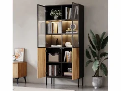 Vitrina con puertas de cristal, 180 cm, con LED, estantes regulables, MDF, y roble (74x31x180 cm) Negro Online