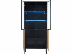 Vitrina con puertas de cristal, 180 cm, con LED, estantes regulables, MDF, y roble (74x31x180 cm) Negro Online