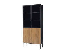 Vitrina con puertas de cristal, 180 cm, con LED, estantes regulables, MDF, y roble (74x31x180 cm) Negro Online