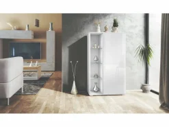 Vitrina Davos, vitrina independiente con 3 estantes de cristal y 8 compartimentos, mate/ de alto brillo (71,5 x 134 x 35 cm) Blanco