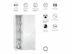 Vitrina Davos, vitrina independiente con 3 estantes de cristal y 8 compartimentos, mate/ de alto brillo (71,5 x 134 x 35 cm) Blanco