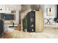 Vitrina|Vitrina Davos, vitrina independiente con 3 estantes de cristal y 8 compartimentos, antracita mate/roble natural (71,5 x 134 x 35 cm)