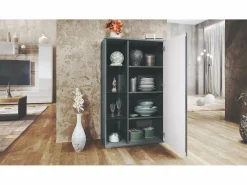 Vitrina|Vitrina Davos, vitrina independiente con 3 estantes de cristal y 8 compartimentos, antracita mate/roble natural (71,5 x 134 x 35 cm)