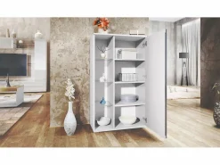 Vitrina Davos, vitrina independiente con 3 estantes de cristal y 8 compartimentos, mate/ mate (71,5 x 134 x 35 cm)^ Clearance