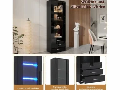 Merax Vitrina|Vitrina de cristal brillante - 60 x 180 x 35 cm - con LED - Vitrina vertical con 3 cajones - MDF -