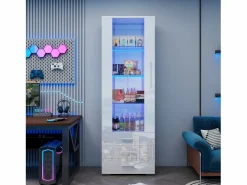 Merax Vitrina de cristal brillante - 60 x 180 x 35 cm - con LED - Vitrina vertical con 3 cajones - MDF - Blanco