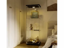 Vitrina de cristal 42×36×125cm GARHELPER - 3 estantes - 1 puerta - Cristal templado - Luz LED - Blanco^ Outlet