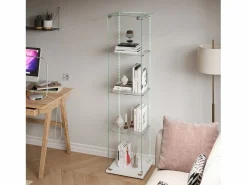 Vitrina de cristal con 4 estantes e iluminación LED - 163 x 39 x 35 cm - Vitrina estrecha - Blanco Discount