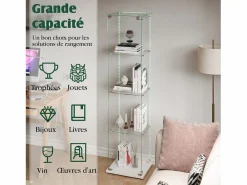 Vitrina de cristal con 4 estantes e iluminación LED - 163 x 39 x 35 cm - Vitrina estrecha - Blanco Discount