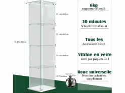 Vitrina de cristal con 4 estantes e iluminación LED - 163 x 39 x 35 cm - Vitrina estrecha - Blanco Discount