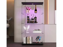 Vitrina de cristal con soporte, LED, 2 puertas con cerradura, 4 compartimentos, para colecciones y decoración Negro Outlet