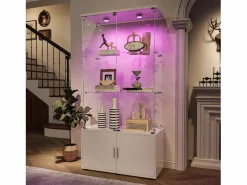 Vitrina|Vitrina de cristal de 3 estantes con gabinetes e iluminación LED – Diseño moderno