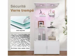 Vitrina|Vitrina de cristal de 3 estantes con gabinetes e iluminación LED – Diseño moderno