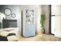Vitrina|Vitrina Granada, Armario Vitrina Made in Germany con Puerta de Cristal e Inserto de Cristal, blanco mate/mezclilla mate (50 x 122,5 x 34,5 cm)