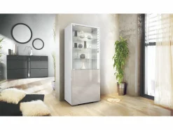 Vitrina|Vitrina Granada, Armario Vitrina Made in Germany con Puerta de Cristal e Inserto de Cristal, blanco mate/gris arena de alto brillo (50 x 122,5 x 34,5 cm)