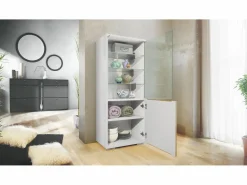 Vitrina|Vitrina Granada, Armario Vitrina Made in Germany con Puerta de Cristal e Inserto de Cristal, blanco mate/gris arena de alto brillo (50 x 122,5 x 34,5 cm)