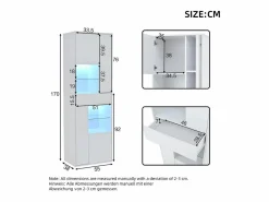 OKWISH Vitrina|Vitrina LED con 1 cajón de almacenamiento, 4 puertas y estantes de cristal - blanca