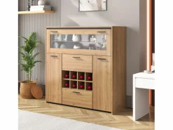 Vitrina moderna con iluminación LED, puertas de cristal, estantes regulables, almacenamiento versátil, MDF, madera + negro (110x38x111 cm)^ Clearance