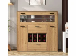 Vitrina moderna con iluminación LED, puertas de cristal, estantes regulables, almacenamiento versátil, MDF, madera + negro (110x38x111 cm)^ Clearance