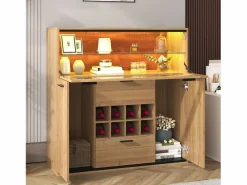 Vitrina moderna con iluminación LED, puertas de cristal, estantes regulables, almacenamiento versátil, MDF, madera + negro (110x38x111 cm)^ Clearance