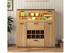 Vitrina moderna con iluminación LED, puertas de cristal, estantes regulables, almacenamiento versátil, MDF, madera + negro (110x38x111 cm)^ Clearance