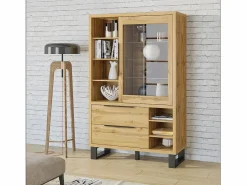 Meublorama Vitrina, mueble para vajilla, aparador MILO. Color roble y acabados en negro. Mueble ideal para su comedor. Marru00f3n Discount