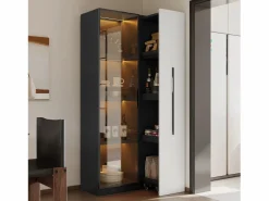 ModernLuxe Vitrina móvil 70x40x160 cm - Estantería - Iluminación LED - 1 puerta de vidrio y 1 cajón - con ruedas - MDF - Negro y blanco Negro / Blanco Clearance