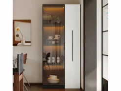 ModernLuxe Vitrina móvil 70x40x160 cm - Estantería - Iluminación LED - 1 puerta de vidrio y 1 cajón - con ruedas - MDF - Negro y blanco Negro / Blanco Clearance