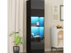 Vitrina|Vitrina negra - Vitrina con 2 puertas y luces LED - almacenaje abierto - para salón y dormitorio