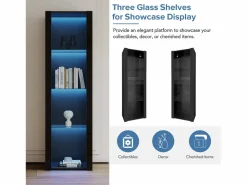 Vitrina negra de alto brillo con LED, 3 estantes de cristal, MDF, (55x38x166 cm) Negro Best