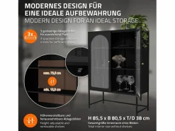 ML-DESIGN Vitrina|Vitrina negra 85x120x40cm con 2 puertas y 3 cajones, mueble metálico archivador