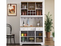 ModernLuxe Vitrina 94.5x30x175.5 cm - 3 cajones y 5 puertas - superficie de aspecto madera - Blanco Discount