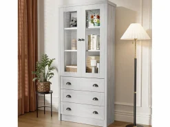Vitrina 80x34x171 cm - con 2 puertas de vidrio - 3 cajones - gris + natural^ModernLuxe Clearance