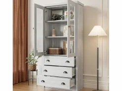 Vitrina 80x34x171 cm - con 2 puertas de vidrio - 3 cajones - gris + natural^ModernLuxe Clearance
