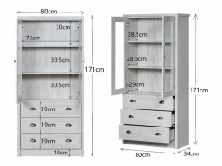 Vitrina 80x34x171 cm - con 2 puertas de vidrio - 3 cajones - gris + natural^ModernLuxe Clearance