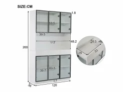 ModernLuxe Vitrina 120x36x200 cm con LED - 6 puertas de cristal y 3 cajones - Blanco