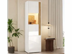 Vitrina 50x40x179cm - con iluminación LED - con 2 puertas - Estantes ajustables - Blanco + Natural^ModernLuxe Sale