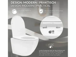 LuxeBath WC cerámico suspendido brillante corto 49 cm sin borde, nanorecubrimiento Blanco