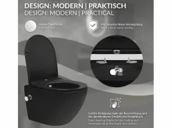 LuxeBath WC cerámico suspendido nanorecubrimiento función bidé corto 49cm softclose Negro Clearance