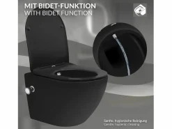 LuxeBath WC cerámico suspendido nanorecubrimiento función bidé corto 49cm softclose Negro Clearance